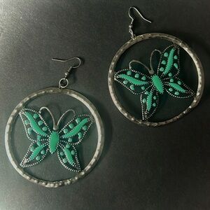 Vintage Butterfly Hoop Earrings with Turquoise Accents